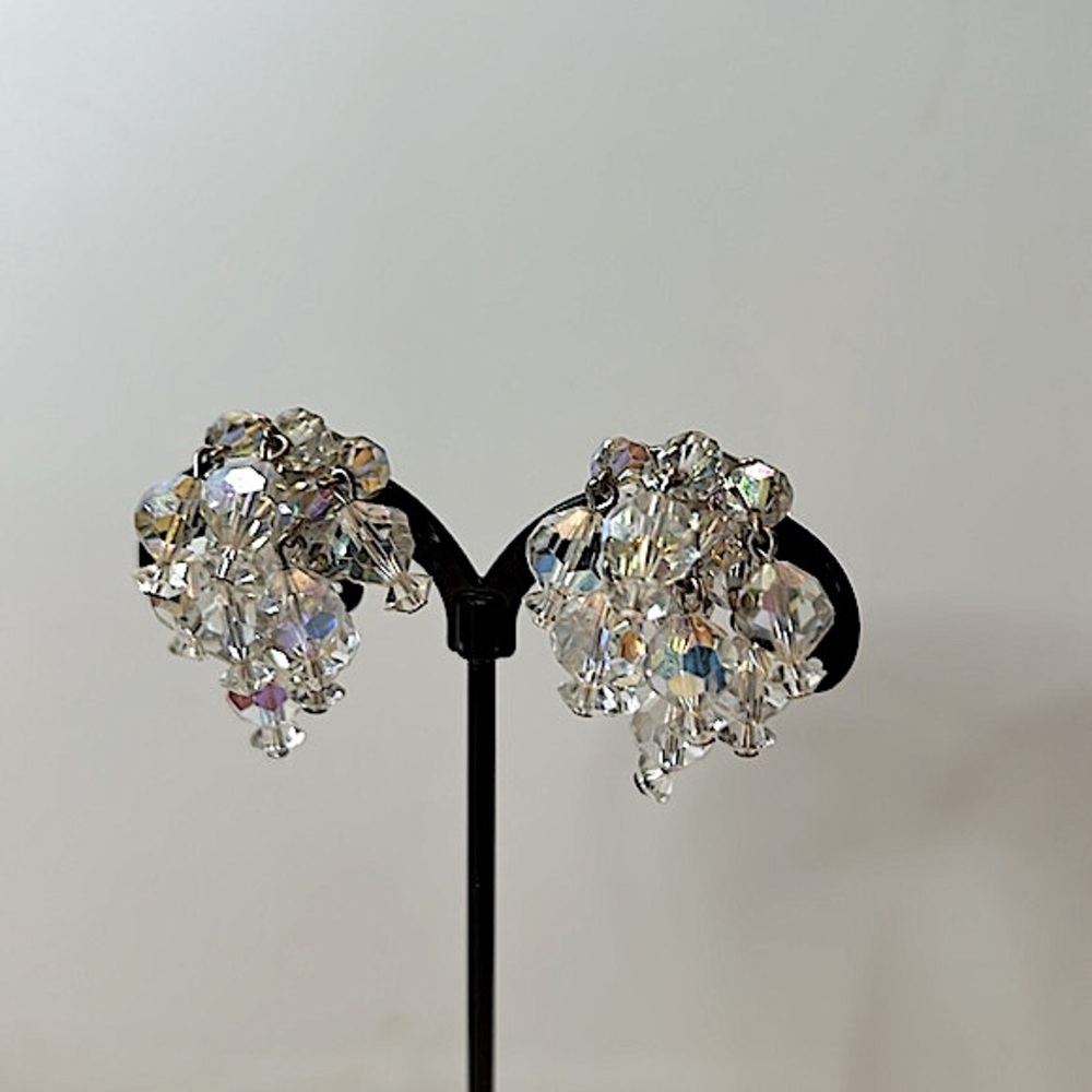 Vintage Laguna clip on earrings faceted clear aurora borealis cascading crystals